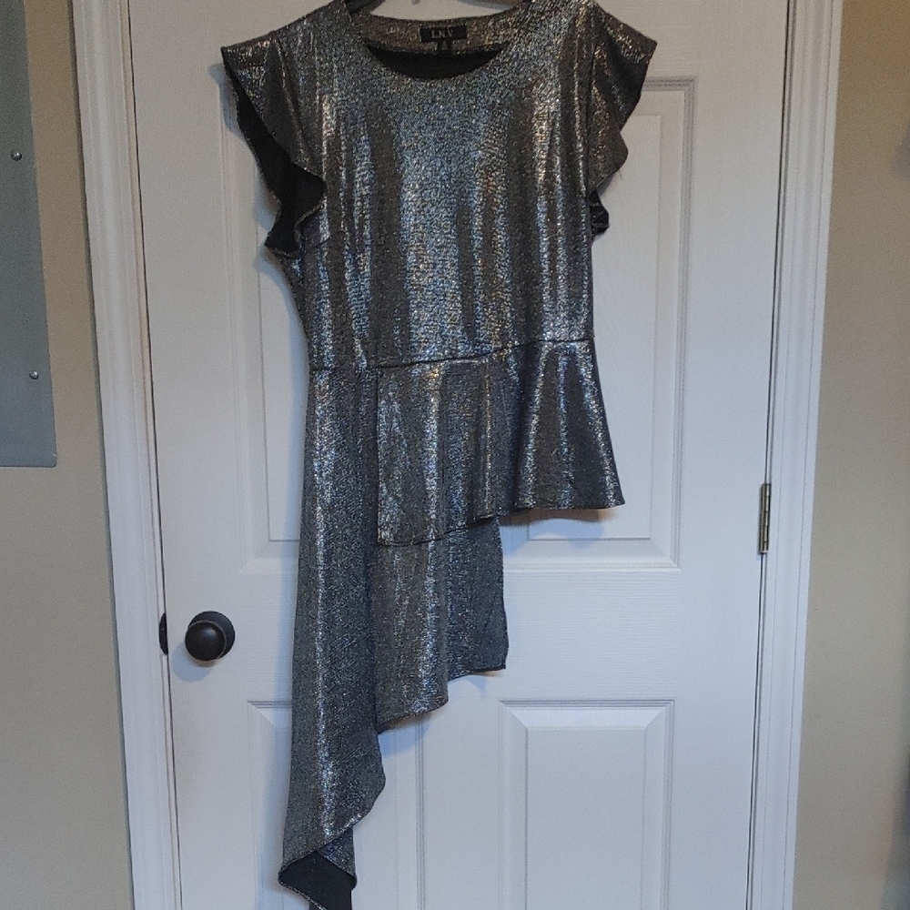 Lux Silver Sleeveless Asymmetrical Sequin Blouse